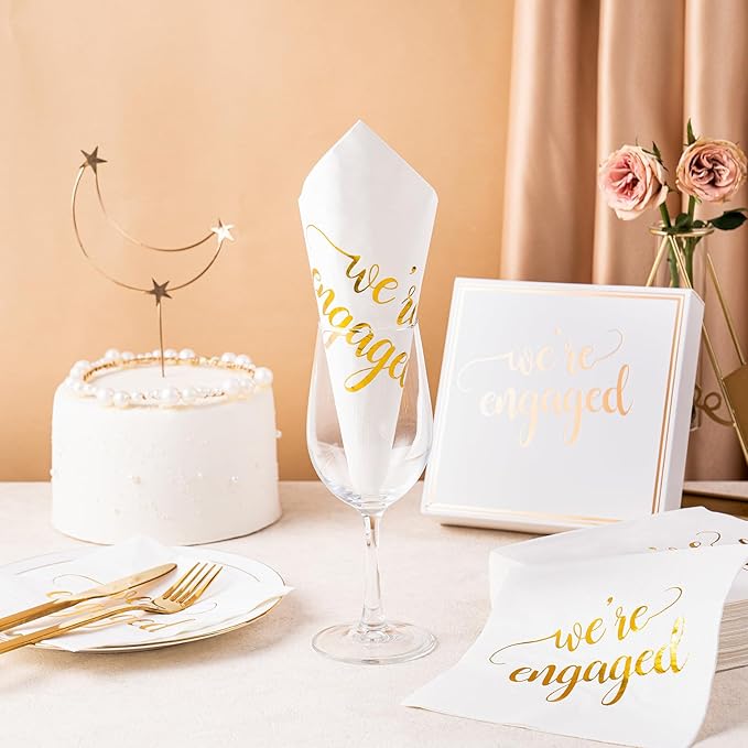 WRAPAHOLIC 50Pcs Gold We're Engaged Napkins - 3 Ply Disposable Paper Luncheon Napkin for Tableware Party Supplies - 6.5 x 6.5 In (Pack of 2)