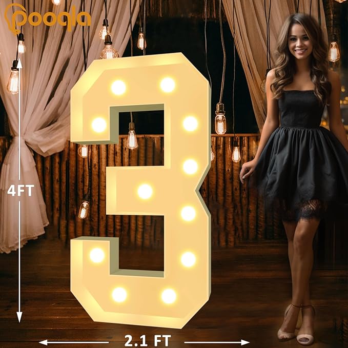 Pooqla 4 FT Light Up Marquee Numbers, Cool White and Warm White LED Large Lighted Marquee Numbers, Giant Mosaic Light Up Numbers for Balloons 3rd 13th 30th Birthday Party Decoration, LED Number 3