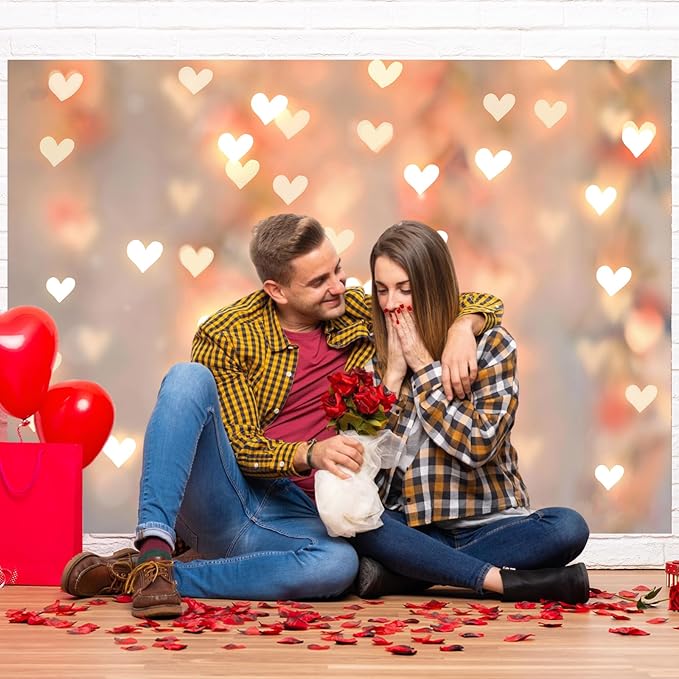 Romantic Happy Anniversary Backdrop Banner Gold Heart Light Decorations for Couples Date Night Wedding Engagement Birthday Party Photo Booth Background 8x6ft (96×72inch