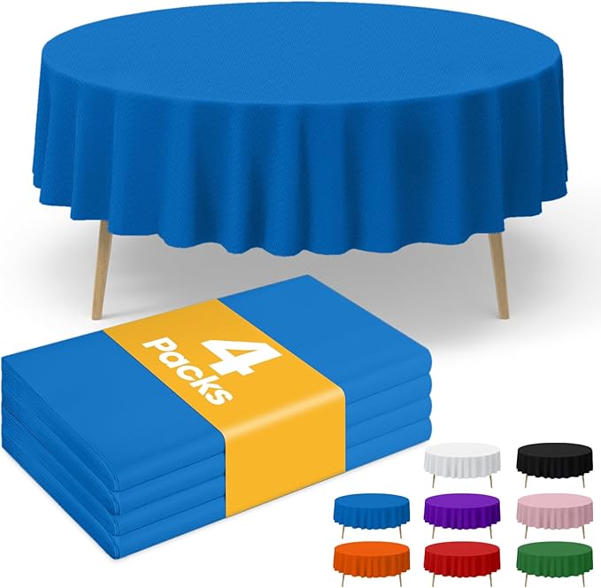 Blue Plastic Table Cloth - 4 Pack 84" Round Disposable Tablecloths for Round Tables, Table Cover for Holiday Parties & Gatherings