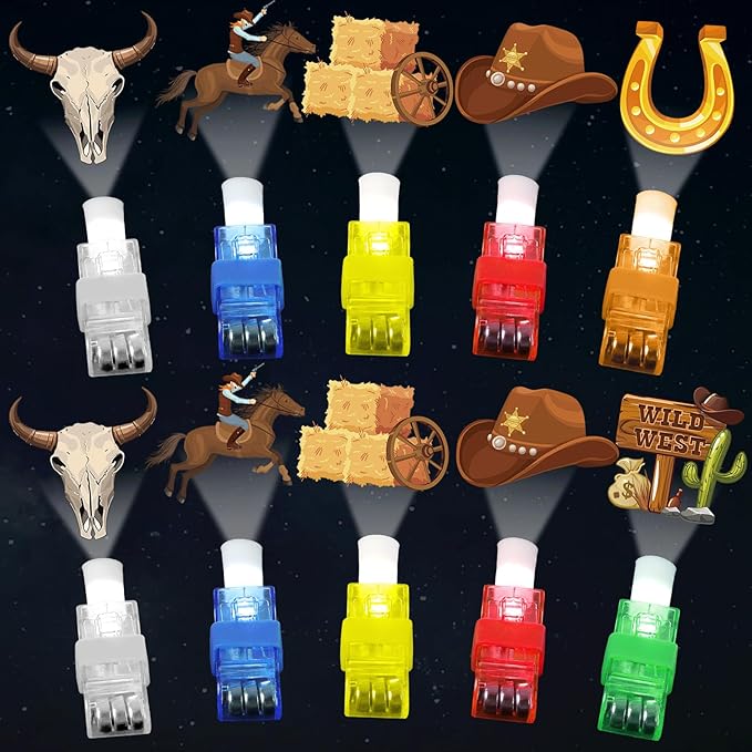 36 PCS Western Party Favors Cowboy LED Light Up Finger Lights, Glow in the Dark Wild West Party Finger Flashlight Bulk for Last Rodeo Goodie Treat Bags Stuffers Vintage Cowgirl Birthday Party Supplies