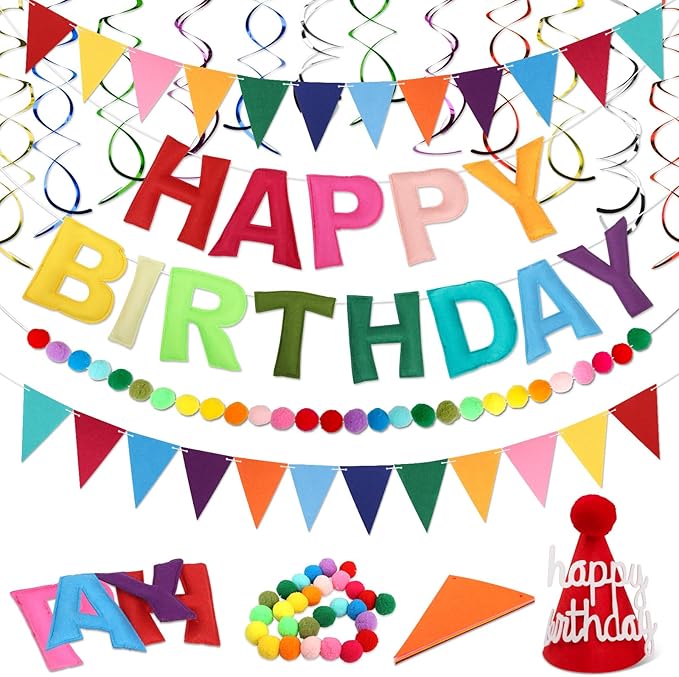 Pre Strung Happy Birthday Banner Set - Felt Ball Garland, Felt Birthday hat and Pennant Flags & Colorful Hanging Swirl, Reusable Rainbow Party Decorations for Kids & Adults
