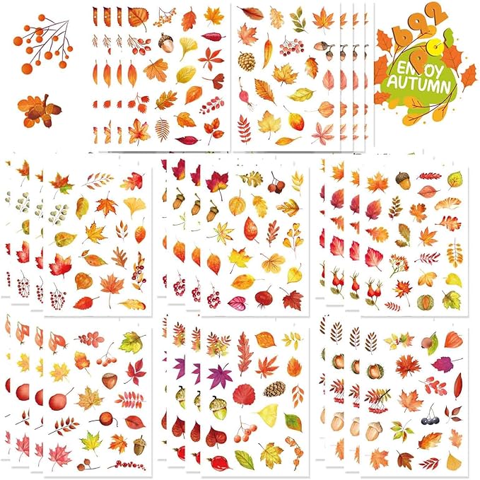 32 Sheets Fall Maple Leaves Stickers - Self Adhesive Autumn Stickers, Party Supplies for Thanksgiving, Harvest & November Decor