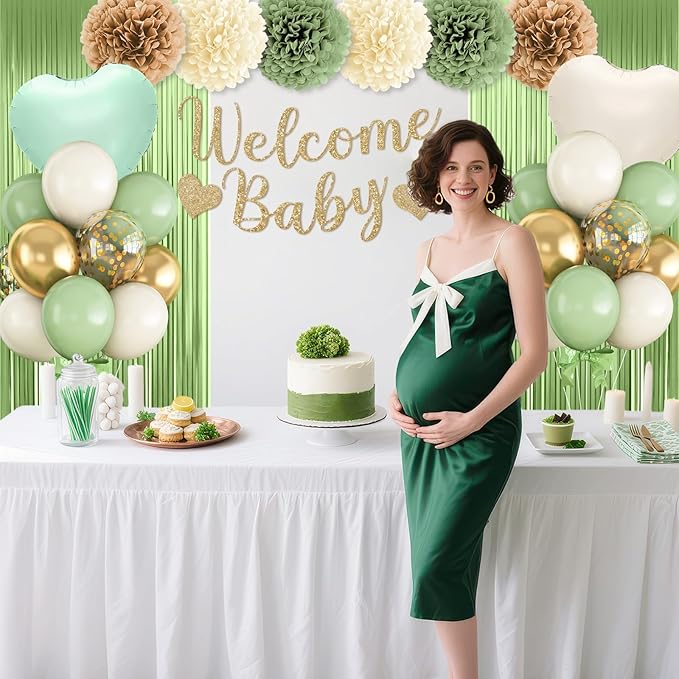 Sage Green Gold Baby Shower Decorations,Welcome Baby Banner with Sand White Green Balloons Fringe Curtains Paper Pom Poms Flowers Tassels for Girl Boy Boho Baby Shower Gender Reveal Party Supplies