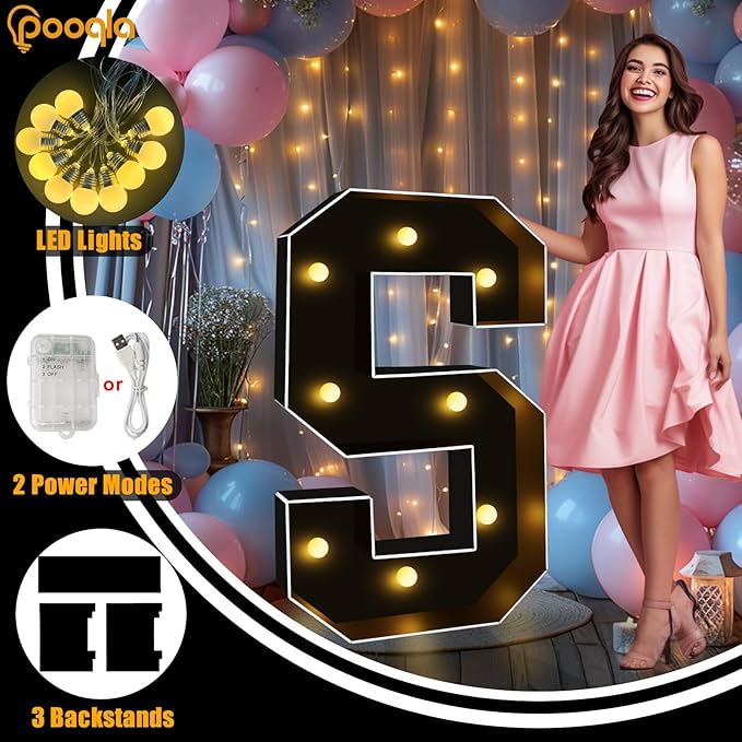 Pooqla 3FT Marquee Light Up Letters, Black LED Party Decor Large Marquee Letters 3 Feet Tall, Giant Mosaic Letter for Birthday Graduation Anniversary Wedding Decoration, Letter U