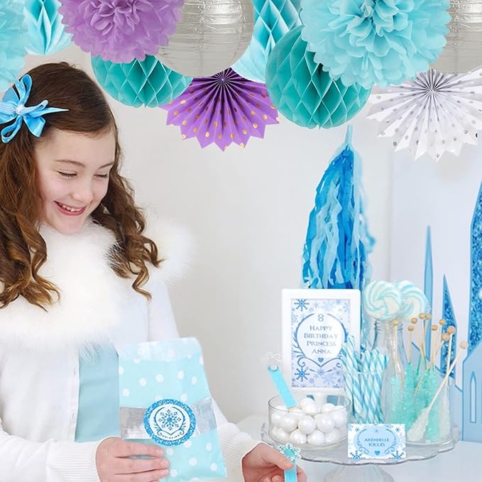 Purple-Blue Silver Frozen Christmas Party Decorations - 14pcs Winter Girl Birthday New Year Paper Lanterns Fan,Tissue Pom Poms Streamers,Honeycomb Balls,Mermaid Baby Shower Decor Lasting Surprise