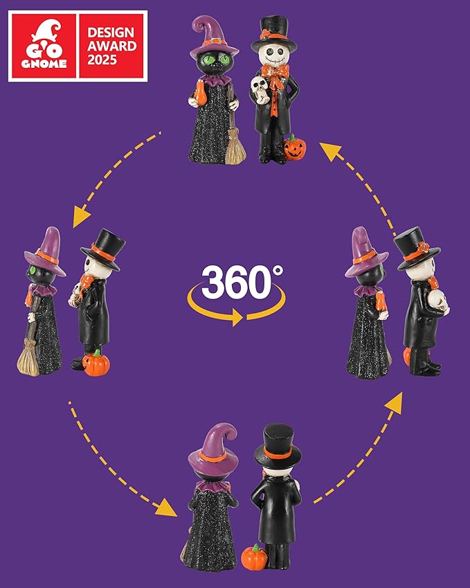 Cute Halloween Decor - 2-Pack 4.5'' Resin Skeleton Gentleman and Witch Broom Figurines - Indoor Halloween Decorations for Home Mantle Fireplace Party Gifts (Ghost & Witch)