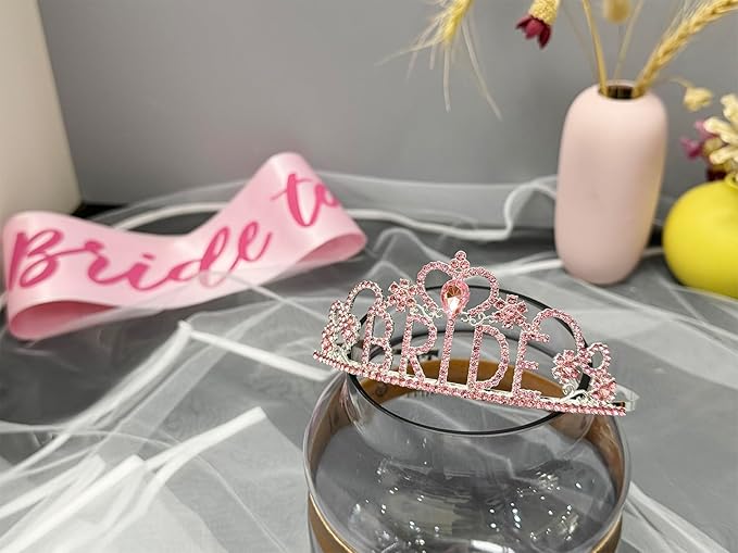 JETKONG 3 Pcs Bachelorette Party Decorations BRIDE Crown, Bride to Be Sash&Veil for Women Bachelorette Party Gifts, Bridal Shower Supplies, Gifts, Favors (Pink)