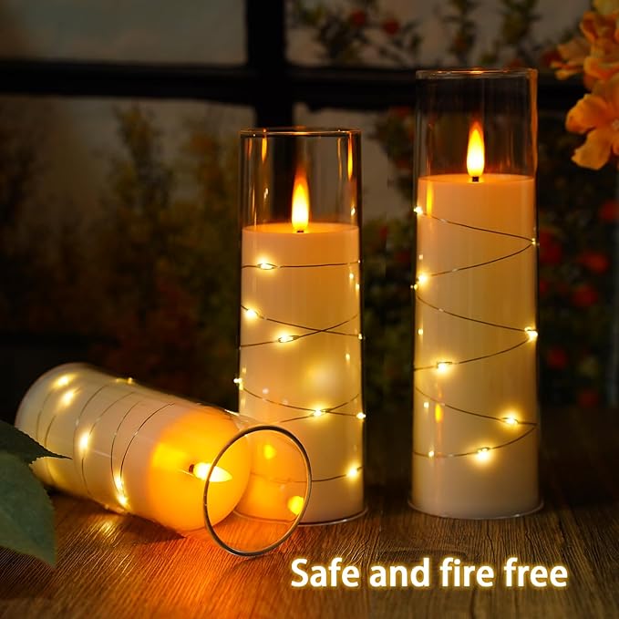 Flickering Flameless LED Candles, 9 Pcs with Embedded Star String, Acrylic LED Pillar Candles with Remote, Suitable for Home Decoration (White)
