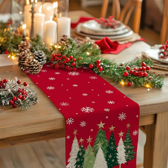 GEEORY Christmas Table Runner 13x108 Inch, Xmas Trees Snowflakes Holiday Decorative Farmhouse Table Decoration for Kitchen Dinning, Indoor Outdoor Dinner Party Decor (Red) GT150-108