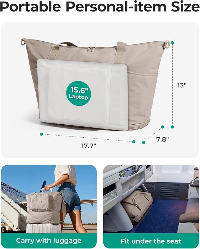 BAGSMART Foldable Travel Bag, 37L Expendable Personal Item Bag, Lightweight Weekender Bags for Women, Water Resistant Extra Carry on for Travel, Grayish Green