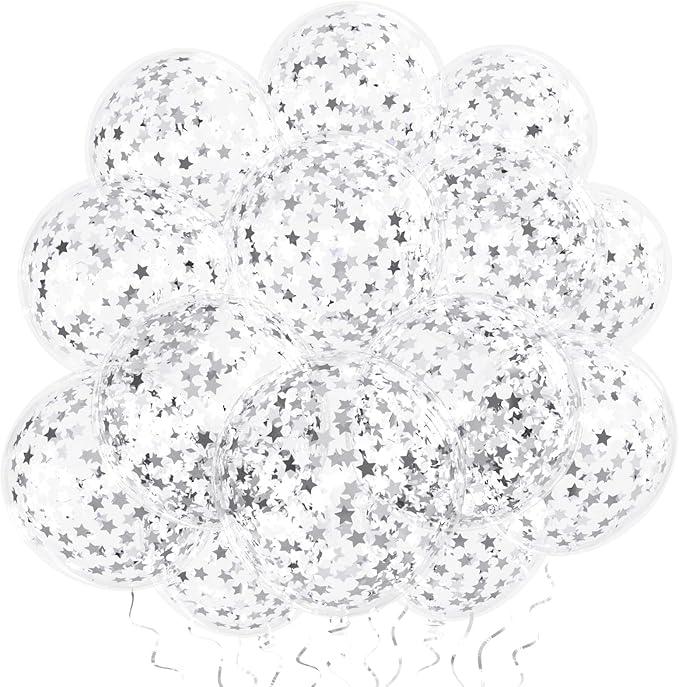 VHUWE 25 Pcs Silver Star Confetti Balloons, 12 Inch Clear Latex Balloon with Confetti Inside for Birthday Party Baby Shower Graduation Engagement Bridal Shower Decorations Supplies - Star Confetti
