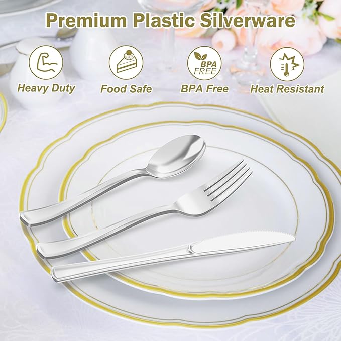 200 Count Heavy Duty Silver Plastic Silverware, 100 Forks, 50 Spoons, 50 Knives, BPA-Free, Heat Resistant, Disposable Plastic Utensils Set Cutlery Set, Plasticware Bulk