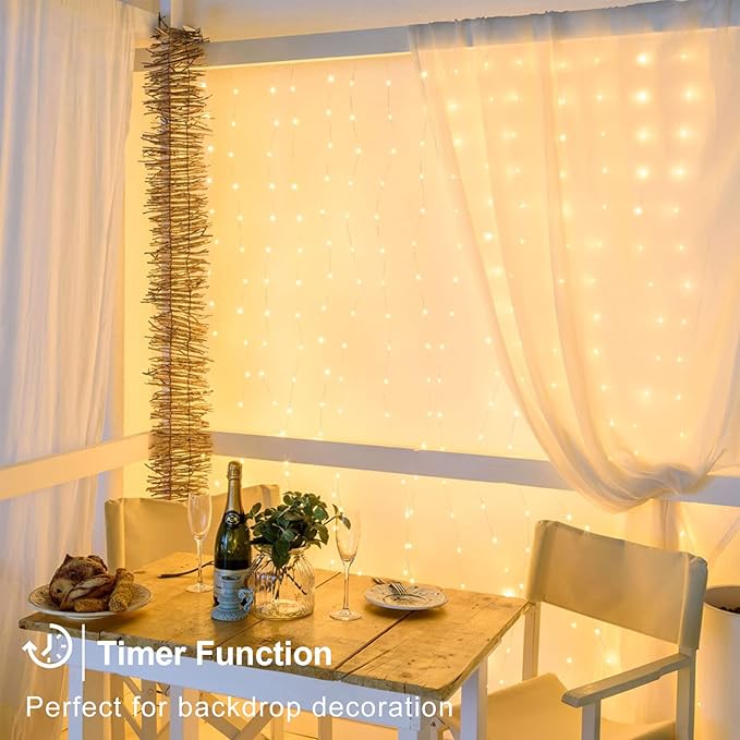 echosari Curtain Lights Battery Operated 200 LED Curtain Fairy Lights 6.6×6.6ft with Remote Timer Outdoor Wall Light Fully Waterproof for Wedding Backdrops Bedroom Decor (Warm White)