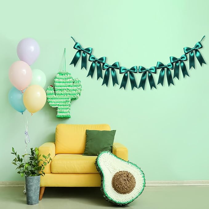 1 String of 8PCS Dark Green Bow Garland Banner Decoration,Pre-Strung Satin Ribbon Ornaments for Birthday,Bachelorette Party,Bridal Shower,Wedding,Engagement,Baby Shower,Graduation Decor,Anniversary