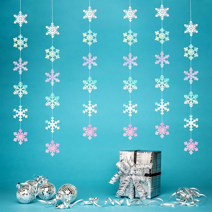 Iridescent-Holographic Snowflake-Snow Christmas Party-Decorations Garland - 6pcs Winter Girl Frozen Birthday New Year Hanging Decoration Streamers Banner, Wonderland Party Supplies Decor Panduola