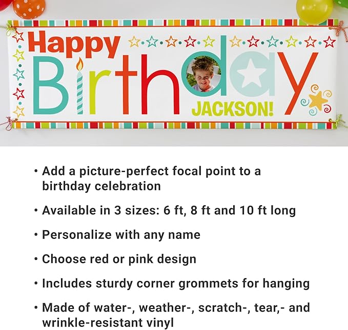 Let's Make Memories Personalized Birthday Banner - Kids Party Decorations - Custom Happy Birthday Banner - Indoor/Outdoor Vinyl - Any Text and Photo - Red Multi - 8ft