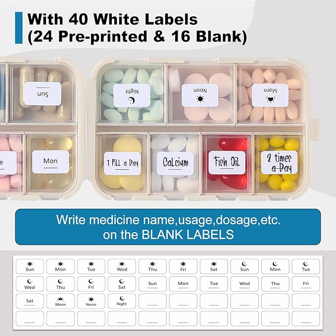 14 GRIDS Travel Pill Organizer Box with Labels - Travel Medicine Case Kit - Pocket Daily Pharmacy Container - Travel Medication Holder Dispenser for Fish Oil Vitamin Supplement Storage - Khaki