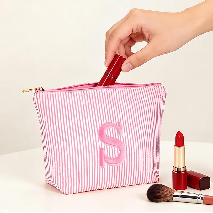 Travel Makeup Bag for Girls - Personalized Initial Pink Makeup Bag, Teen Girl Gifts Trendy Stuff, 6 7 8 9 10 11 12 Year Girl Birthday Gift, Christmas Gift for Girls Travel Essentials, Letter S