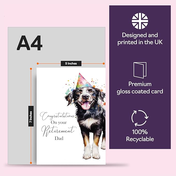 Retirement Card for Dad - Party Dog - Leaving Cards for Dad from Son Daughter, Congratulations on your Retirement, 5x7 Inch Happy Retirement Card Greeting Cards