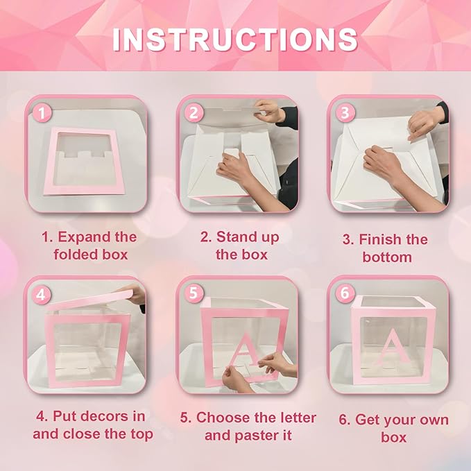 Ledido Transparent Balloon Boxes With 78 Letters Numbers, Pink Baby Boxes with Letters for Baby Shower Clear Letter Boxes for Party Wedding Birthday Baby Shower Graduation Decorations 7 PCS