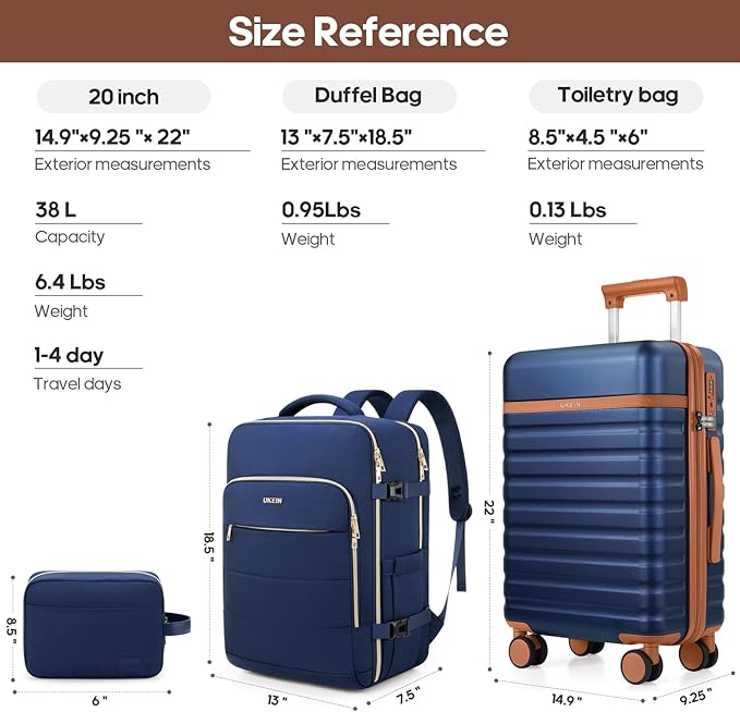 Luggage Sets 3 Piece, Carry On Luggage 20In With Spinner Wheels,PC Hardside Suitcase Set with TSA Lock,Durable Carry On Suitcase With Travel Backpack for Men (Navy Blue, 3 piece set (BP/20inch))