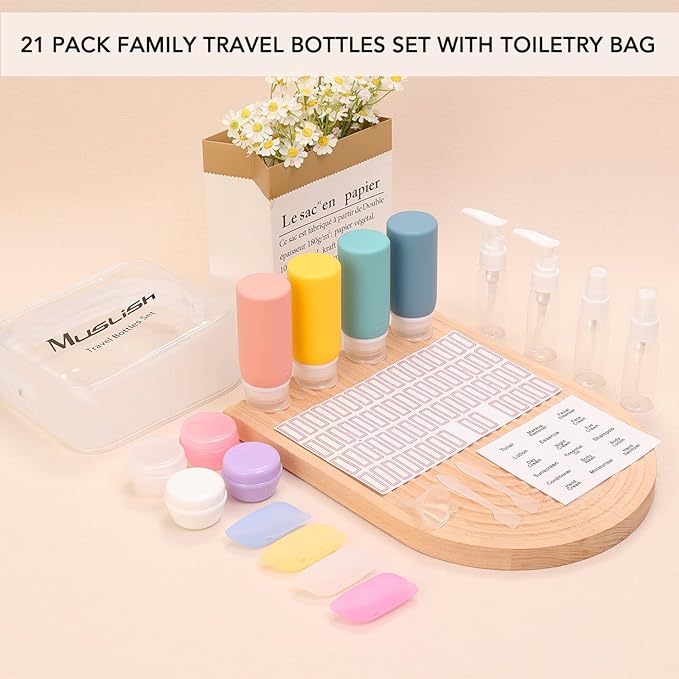 Muslish 21 Pack Travel Bottles for Toiletries, Leak-Proof TSA Compliant Silicone Travel Size Containers for Shampoo and Conditioner, BPA Free with Toiletry Bag (Yellow)