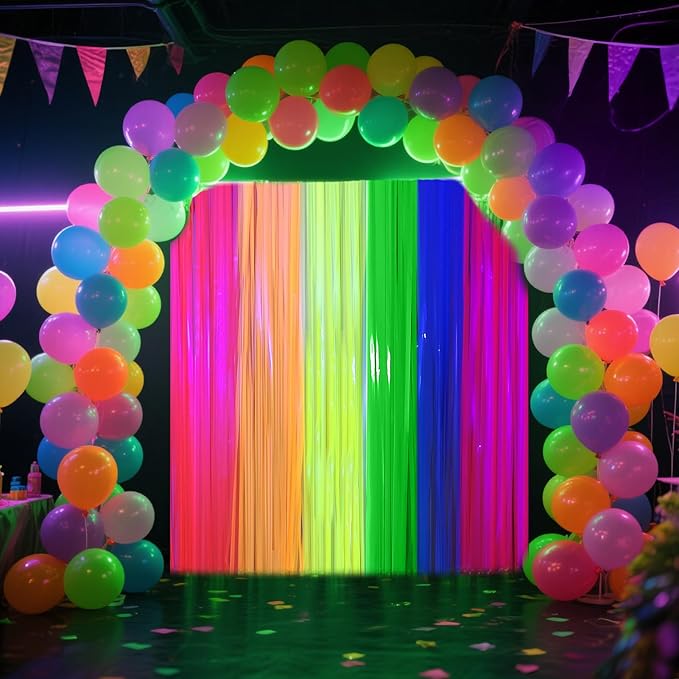 4 Packs Glow in the Dark Foil Fringe Curtain, Macaron Rainbow Blacklight Reactive Fluorescent Tinsel Backdrop Neon Luminous Streamers for Birthday, Wedding, Neon Party, Glow Party Decorations Supplies