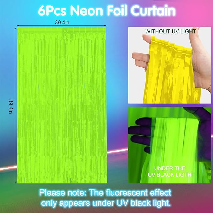6 Pack 3.3Ft x 6.6Ft Yellow Glow in The Dark Foil Fringe Curtain Backdrop Party Supplies, Fluorescent Macaron Metallic Tinsel Foil Streamers Curtain Photo Booth for Neon Birthday Party Decorations