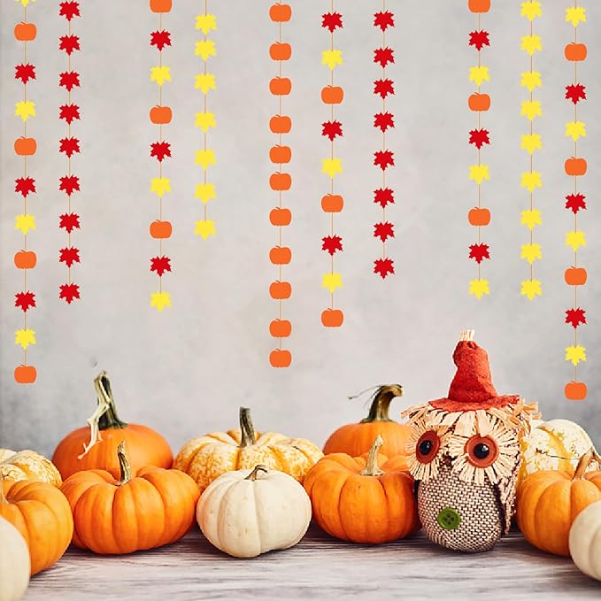 Fall-Autumn Leaves-Pumpkin Party-Decorations Streamers Garland - 5pcs Orange Baby Shower Birthday Maple Leaf Hanging Paper Banner,Harvest Friendsgiving Room Decor Banners Lasting Surprise