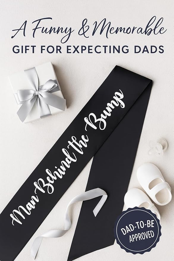 "Man Behind The Bump" Funny Baby Shower Sash for Daddy to Be, Baby Shower Party Decorations Gifts Supplies Dad to Be Baby Gender Reveal Ideas New Father Favors (Black and White)