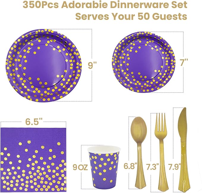 AIRE 350PCS Purple Gold Paper Plates Party Supplies for 50 Guests Party Decorations Disposable Dinnerware Paper Plates Cups Napkins Gold Plastic Forks Knives Spoons for Birthday Baby Shower Wedding