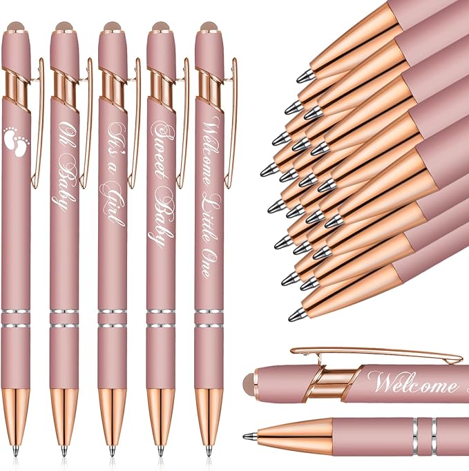 Jspupifip 50 Pcs Baby Shower Pens with Stylus Tip Metal Retractable Baby Shower Pens Girls Black Ink Baby Pens Bulk It's a Girl Pens for Baby Shower Favors Guests School Supply (Rose Gold)