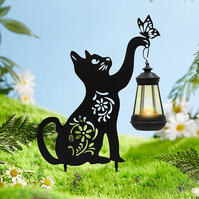 Black Cat Solar Light Outdoor Garden Decor - Metal Cat Holding Lantern Stake, Waterproof Solar-Powered Pathway Light for Yard Pathway Lawn Patio - Unique Gift for Halloween Christmas Garden Decor