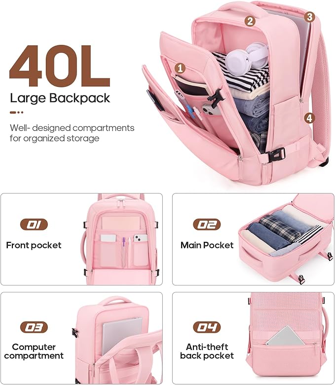 UKEIN Luggage Sets 3 Piece, Carry On Luggage 20In With Spinner Wheels,PC Hardside Suitcase Set with TSA Lock,Durable Carry On Suitcase With Travel Backpack for Men (Pink, 3 piece set (20inch))