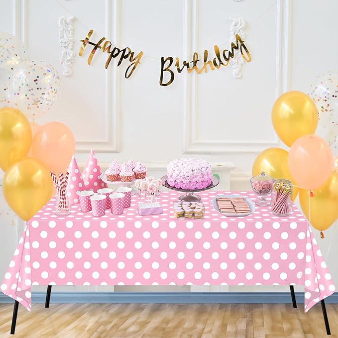WNINK 2 Pack Light Pink and White Polka Dot Tablecloths, Pink Disposable Plastic Table Cover for Birthday, Wedding, Bachelor, Pink Girl Party, and Picnic Camping Parties 54" x 108"