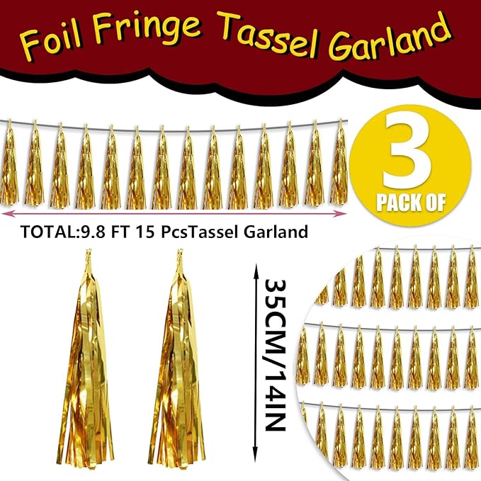 3P Metallic Fringe Tassel Banner Garland Foil Tinsel Streamer Wall Hanging Curtain Backdrop Banner for Parade Floats, Graduation Decorations, Wedding Party Decoration(Gold)