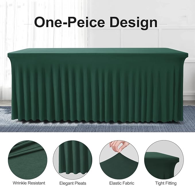 Table Skirt for 4 Foot Tables - One-Piece Hunter Green Tablecloths and Skirt, Wrinkle Resistant Ruffles Elastic Cover for Banquets, Weddings, Events, Parties