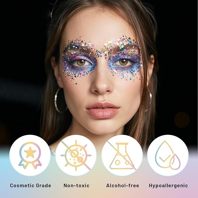 DAGEDA Carnival Body Glitter Gel, Holographic Face Glitter Rave Party Accessories, Chunky Glitters for Hair Eyes Nails, Cosmetic Laser Powder Festival Sequins Paint Makeup