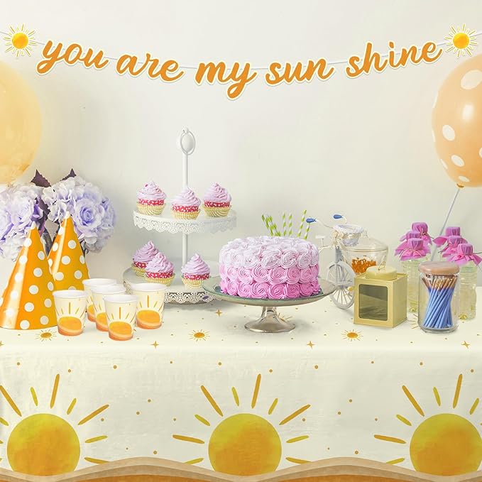 Boho Sun-Theme Birthday Party Supply Set; Complete Baby Shower Decorations with Sunshine Disposable Paper Plates, Cups, Tablecloth, Banner and Napkins for 25; Boho Baby Shower Party Decorations.