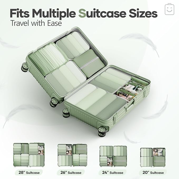 Veken 9/11 Set Compression Packing Cubes for Travel Essentials,Compressible Expandable Large Luggage Suitcase Organizer Bags for Clothing,Durable Space Saver Storage Bags(Matcha Green)