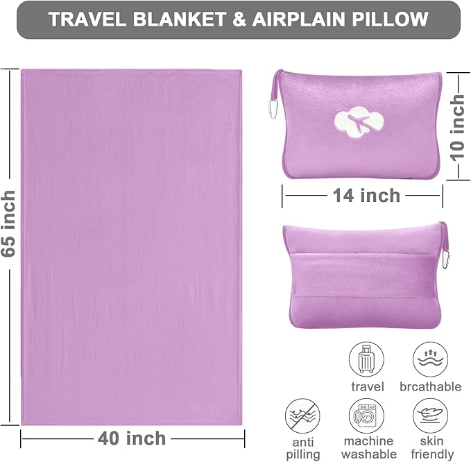 Travel Blanket and Pillow Compact, Premium Soft 2 in 1 Airplane Blanket with Soft Bag Pillowcase，Hand Luggage Sleeve and Backpack Clip (Solid Purple)