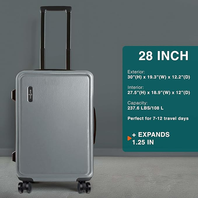 TRAVELARIM 28 Inch Luggage with Spinner Wheels, Hard Shell Suitcase with TSA Locks for Luggage, Travel Large Suitcase, Expandable Hard Shell Suitcases, Grey