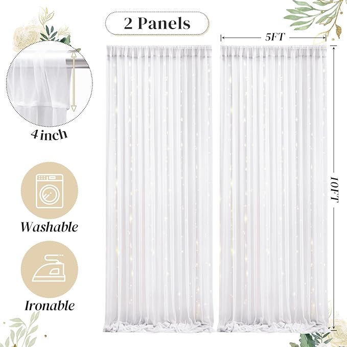 10ft x 10ft White Backdrop Curtain with Lights String for Parties, Sheer Tulle Wedding Photo Backdrops Drapes for Baby Shower Birthday Party Decorations Background for Photography