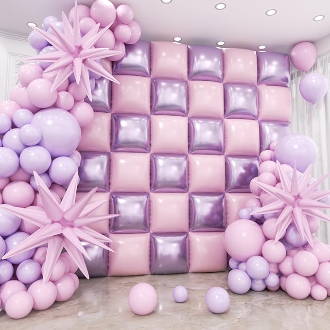 36pcs Pink and Purple Square Foil Balloons Wall Backdrop with 147pcs Balloon Garland Arch Kit, Double Sided Balloons for Princess Birthday Wedding Bridal Shower Baby Shower Party Decorations