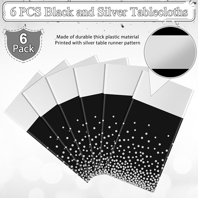 6Pcs Black and Silver Tablecloth Party Decorations,Plastic Black Table Cloth Printed Silver Table Runner Disposable Rectangle Table Cover for Birthday Anniversary Wedding Graduation Party,54 x108 Inch