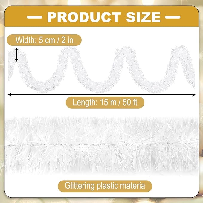 50 Feet Christmas Tinsel Garland, Metallic Twist Garland Wall Hanging Tinsel Garland Backdrop for Parade Floats, Carnival, Birthday, Wedding, New Year Party Decorations (Macaron White, 2in x 50ft)