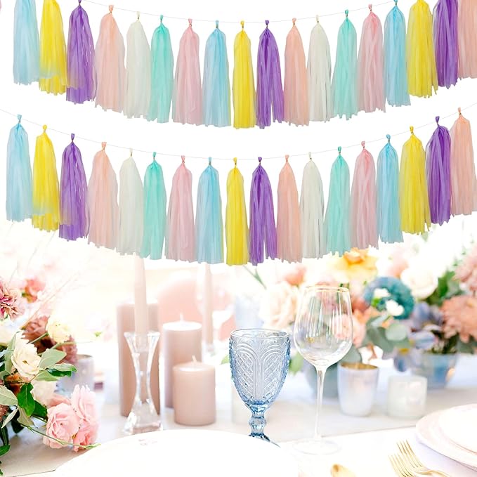 Pastel Rainbow Party-Decorations Tassel Garland - 21pcs Baby Shower Birthday Wedding Streamers,Peach Yellow Purple Blue Mint Ivory Tassels Banner Backdrop Decor Panduola