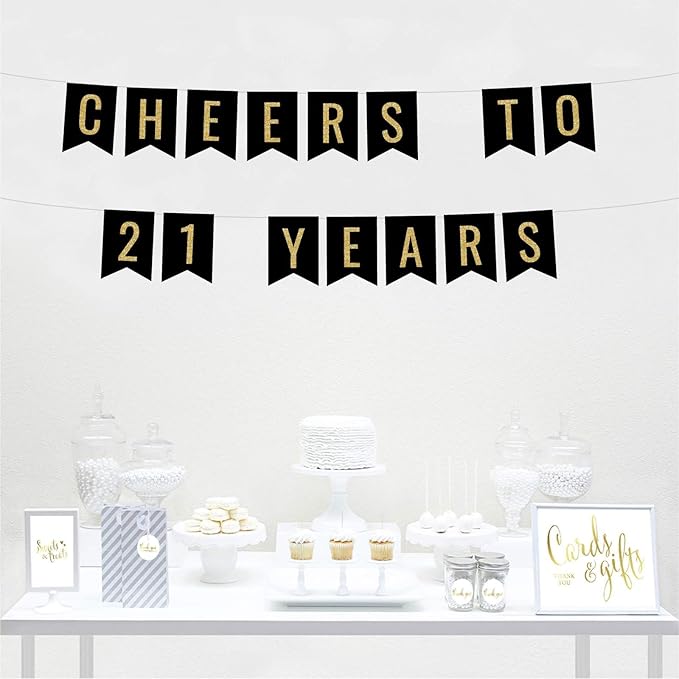 Andaz Press Faux Gold Glitter on Black Birthday Party Banner Decorations, Cheers to 21 Years, Approx 5-Feet, 1-Set, 21st Birthday Milestone Colored Hanging Pennant Decor