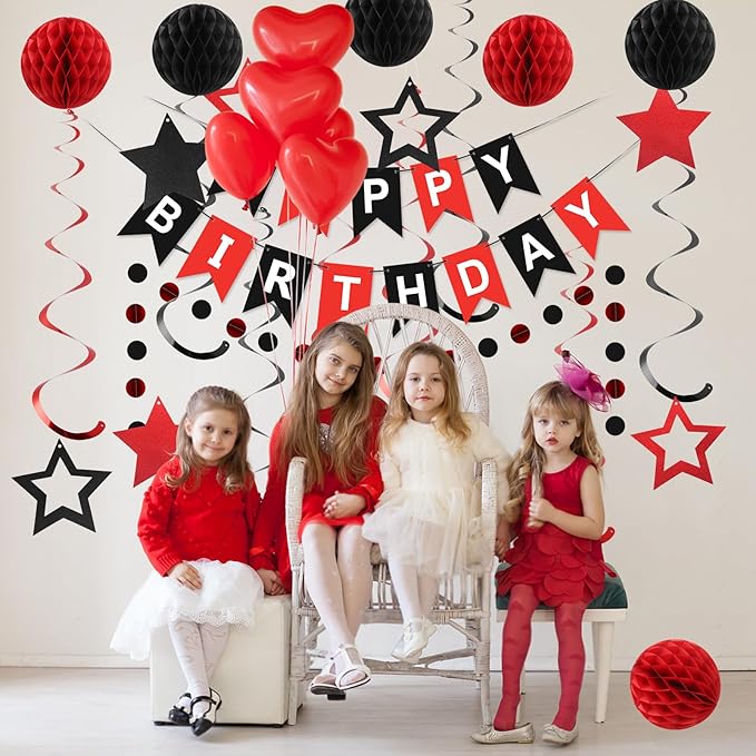 meowtastic Birthday Decorations, Happy Birthday Banner with Honeycomb Balls, Star Hanging Swirl Streamers, Circle Dots Garland, Happy Birthday Party Decorations for Women Men Boys Girls (Red & Black)
